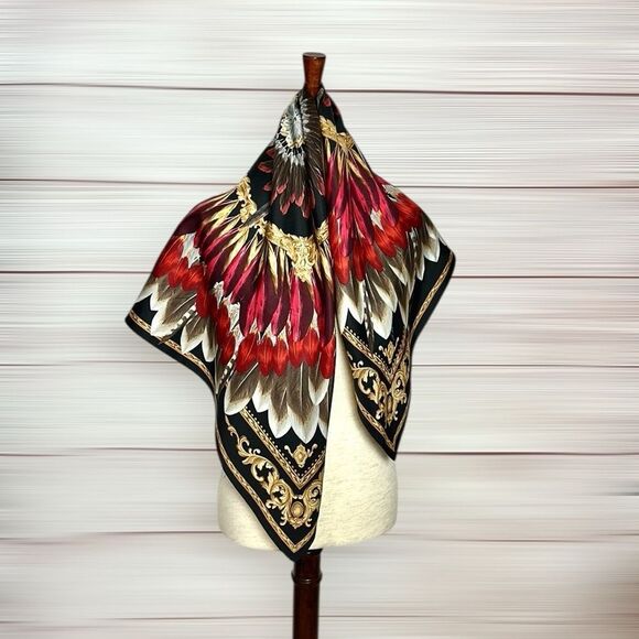 Echo Feather Pow Wow Silk Scarf Feather Pattern Red Taupe Black Gold Details - Picture 2 of 12